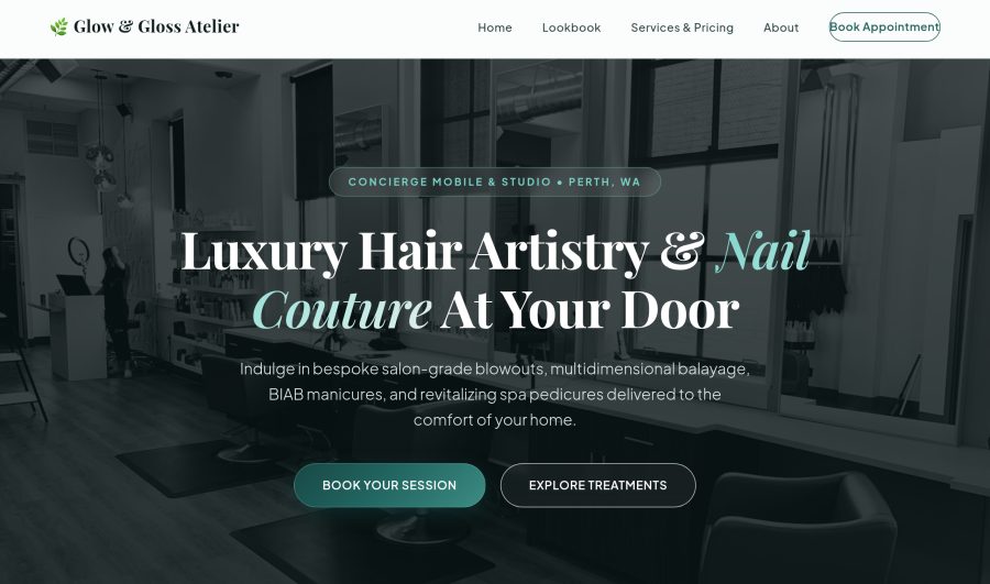 Glow & Gloss Atelier live site screenshot
