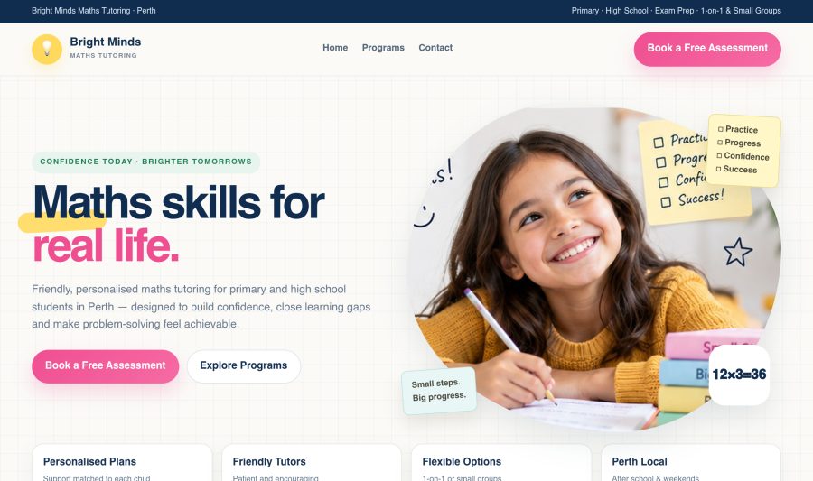 Bright Minds Maths Tutoring live site screenshot